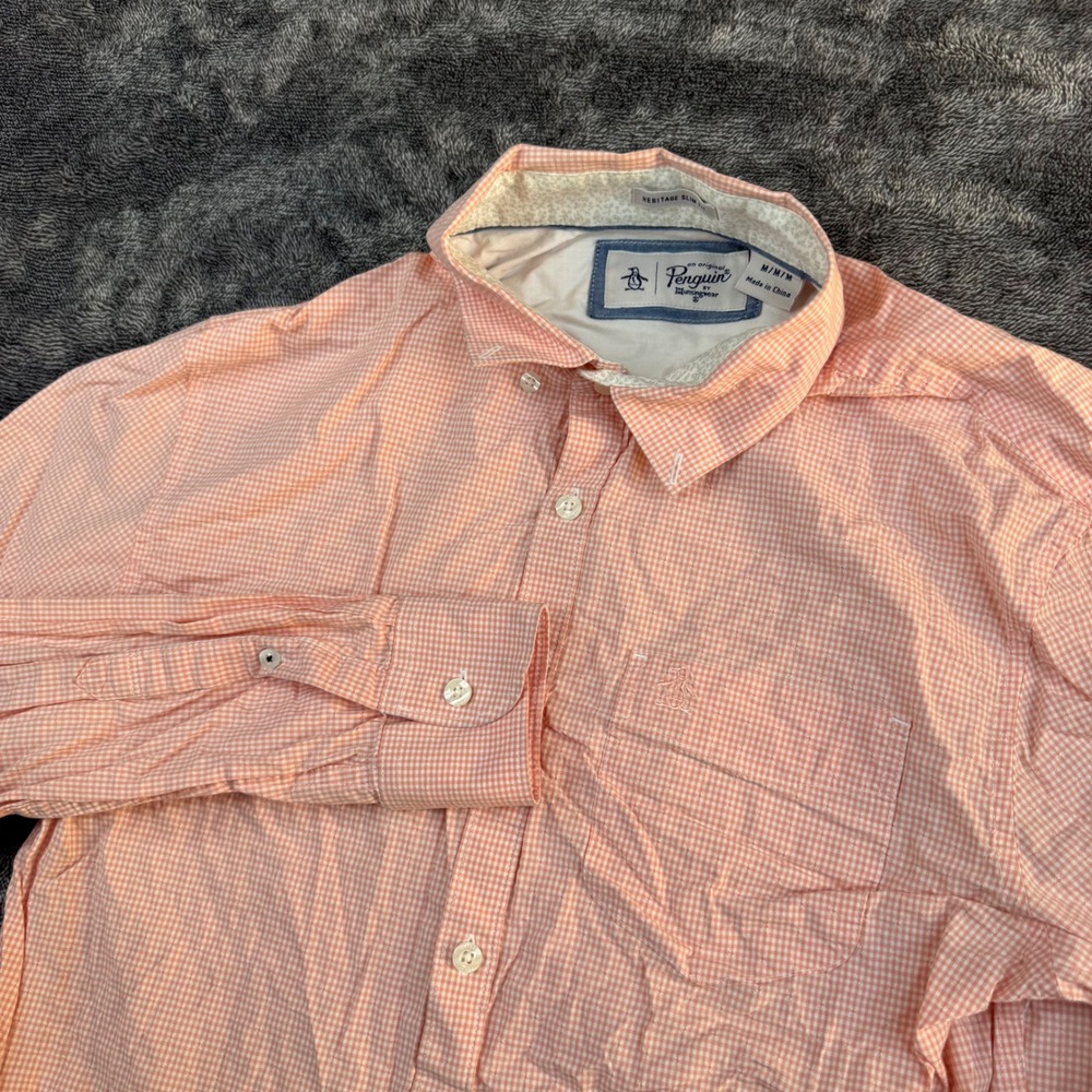 Original Penguin Button Down Mens Medium Peach Gingham Heritage Slim Fit Shirt